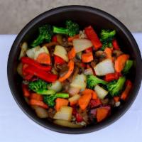 Veggie Bowl · Stir-fried: broccoli, carrot, onion, red bell pepper, grilled mushroom; served over rice. Ve...