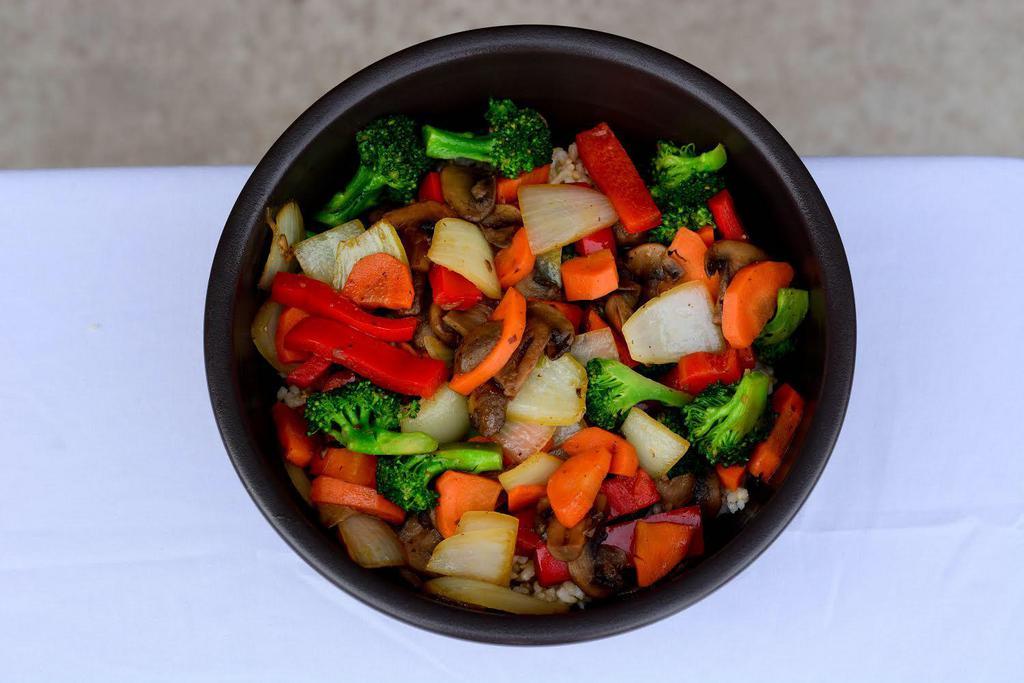 Veggie Bowl · Stir-fried: broccoli, carrot, onion, red bell pepper, grilled mushroom; served over rice. Vegetarian