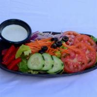 House Side Salad · Romaine, tomato, cucumber, red onion, red bell pepper, black olive, carrot, choice of dressi...