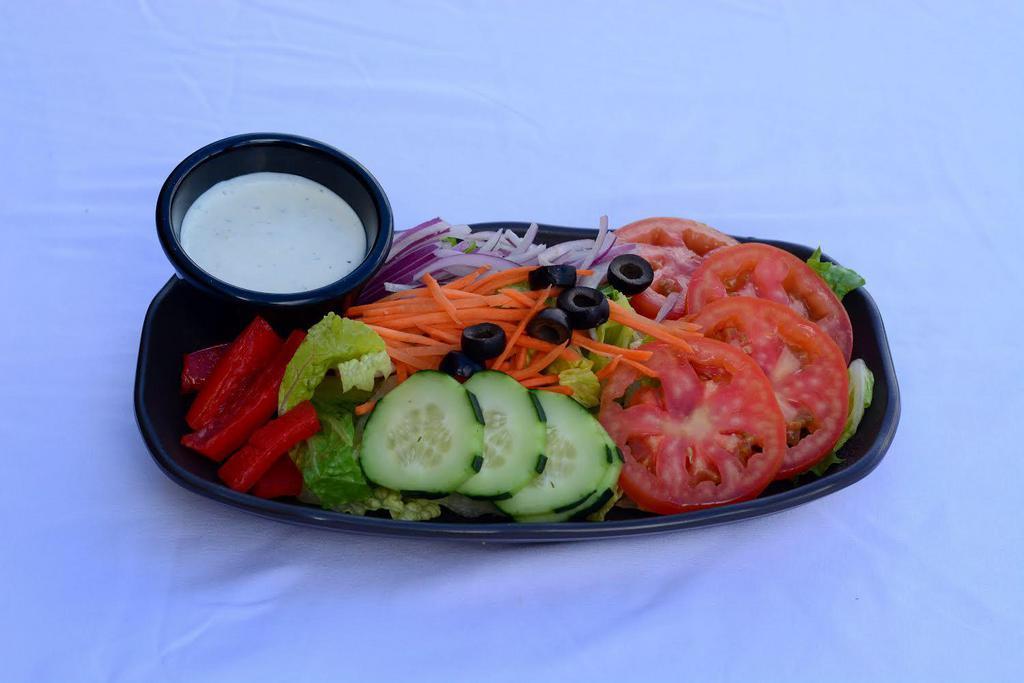 House Side Salad · Romaine, tomato, cucumber, red onion, red bell pepper, black olive, carrot, choice of dressing (on the side).