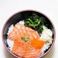 Salmon Bowl · Salmon, choysam, ginger, masago and rice.