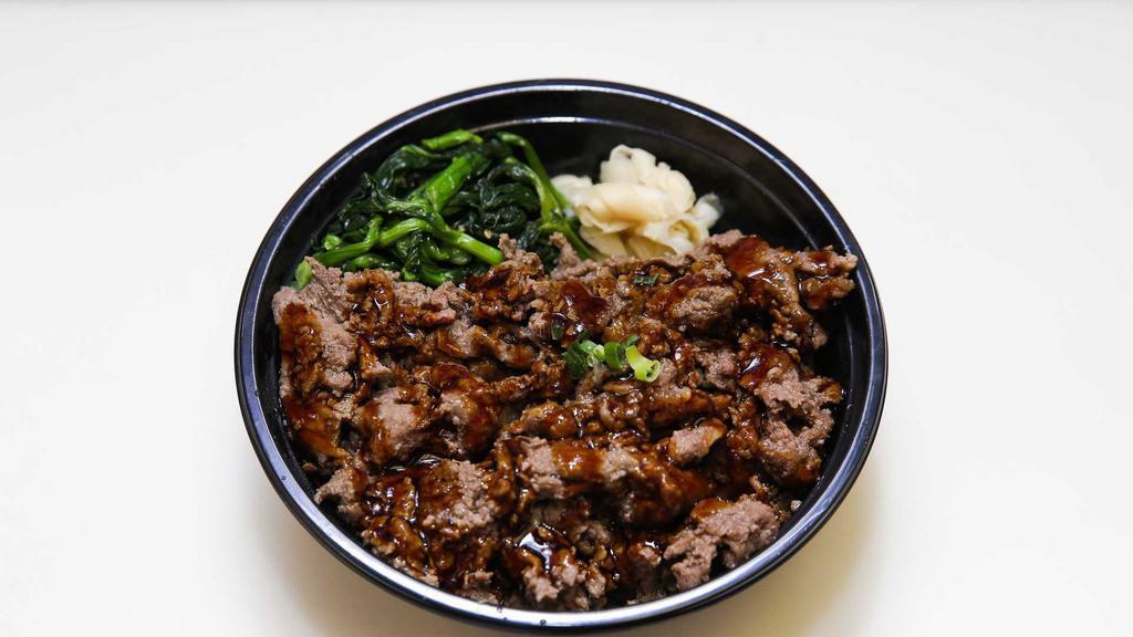 Teriyaki Beef Bowl · Teriyaki beef, choysam, ginger and rice.