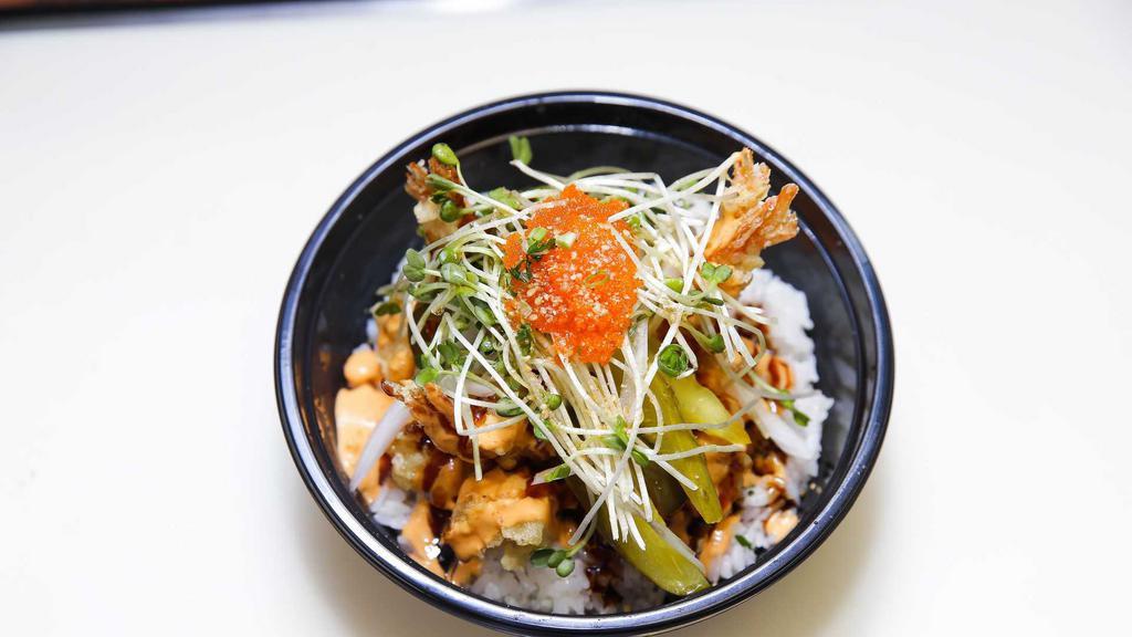 Thunder Special Bowl · Spicy ahi, shrimp tempura, special sauce, pickles, jalapeno, onion, sprout, masago, sesame seed, sesame oil, green onion and rice.