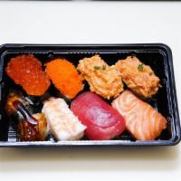 Bento 10 · Nigiri-ikura, ahi, salmon, unagi, ebi, masago, spicy ahi and spicy salmon.