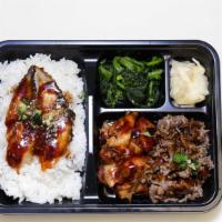 Bento 6 · Teriyaki chicken, teriyaki beef, unagi and rice.