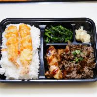 Bento 7 · Teriyaki chicken, teriyaki beef, shrimp tempura and rice