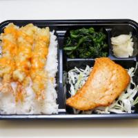 Bento 8 · Seared salmon, shrimp tempura and rice.