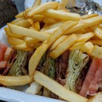 BLT Club · Served with 3 layers of toasted bread with mayo, lettuce, tomato, bacon and french fries.