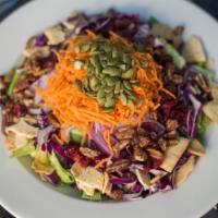Krave Special Salad · Red cabbage, Romaine lettuce, carrots, red onion, pumpkin seeds, honey pecans, cranberries, ...