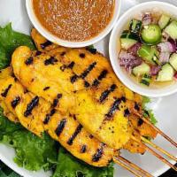 5 Pieces Chicken Satay · Grilled chicken marinated with coconut milk and Thai spices served with cucumber salad and h...