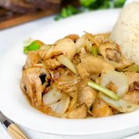 Ginger and Mushroom · Sauteed meat with mushroom, ginger, onions and scallions. Served with jasmine rice. 