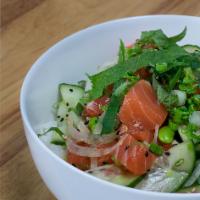 Shiso Salmon  · Salmon, green and sweet onion, edamame, cucumber, sesame seeds, fresh shiso and ponzu fresh ...