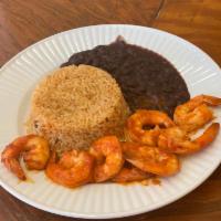 Camarones a la Diabla Plate · Grilled shrimp. Served with rice, black beans and corn tortillas.