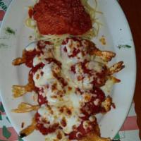 shrimp parmigiana · 6 jumbo shrimp baked with our homemade sauce and cheese with a side of pasta