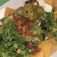 Loaded Nachos · Chips, seasoned beef, lettuce, pico de gallo, black beans, jalapenos, sour cream and queso. ...