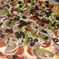 Supreme Pizza · Pepperoni, sausage, green peppers, mushrooms, onions, & black olives.