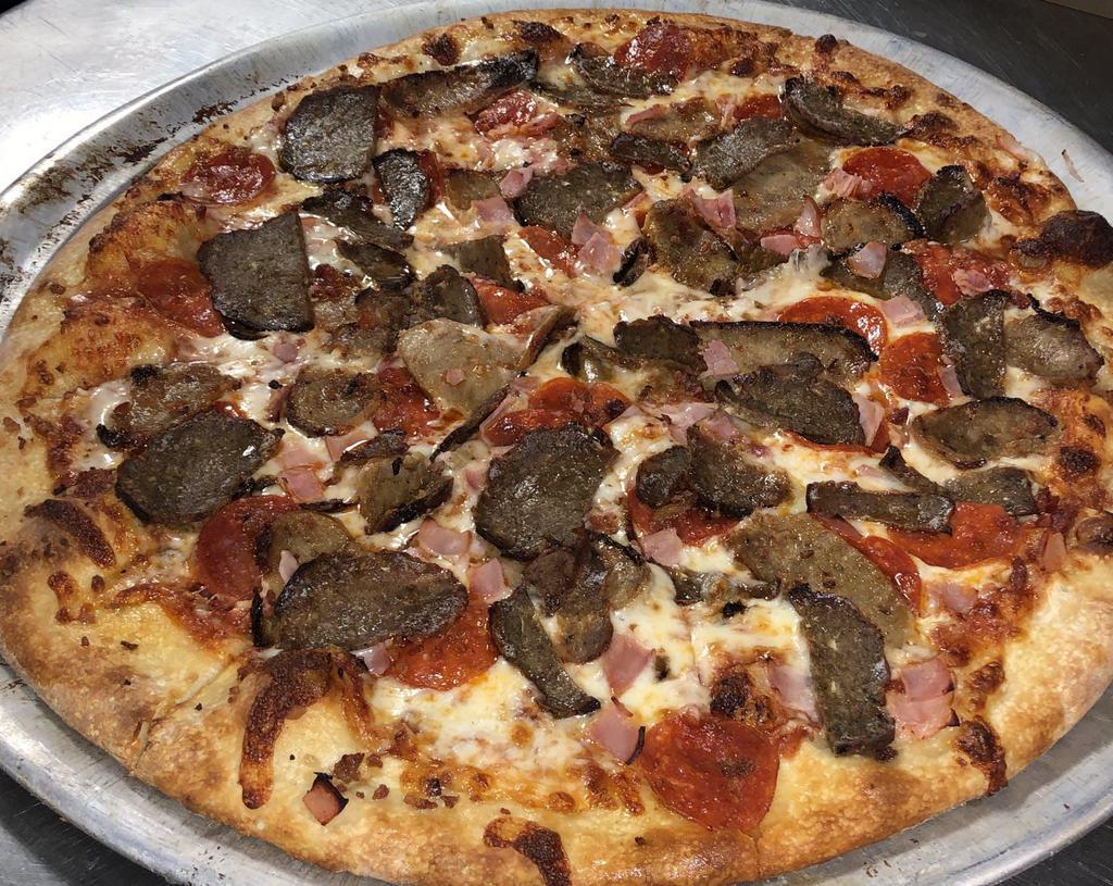 Meat Lovers Pizza · Pepperoni, homemade meatballs, sausage, ham and bacon.