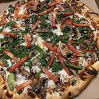 Veggie Pizza · Green peppers, onions, fresh tomatoes, black olives, mushrooms and spinach.