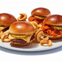 Sliders · Choose from fresh ground beef stacked with cheese, mustard and pickles or Buffalo chicken to...