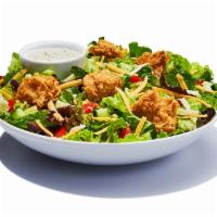 Garden Salad · Spring mix greens piled with diced tomatoes, crisp cucumbers, cheddar cheese, monterey jkack...