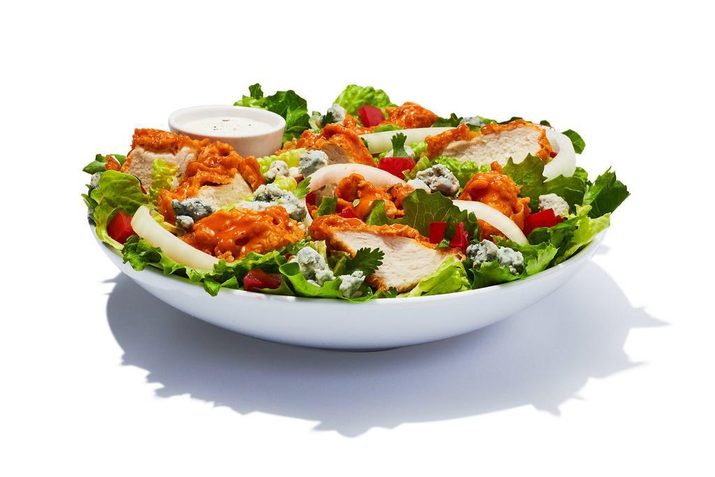 Hooters Original Buffalo Chicken Salad · Spring mix greens stacked with breaded chicken tossed in your favorite wing sauce. Topped with diced tomatoes, bleu cheese crumbles, onions and cilantro and your choice of bleu cheese or ranch dressing.