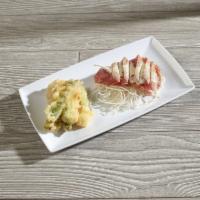 Ahi Tuna Asparagus · Seared tuna slices over cucumber and daikon radish, served with ponzu sauce and tempura aspa...