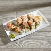 Bronco Roll · Inside: Salmon, jalapeno and cilantro; Outside: Spicy tuna, avocado, light green sauce on th...