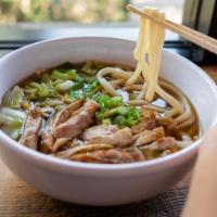 Chicken Udon Noodle Soup · Savory broth with thick wheat noodles and chicken.