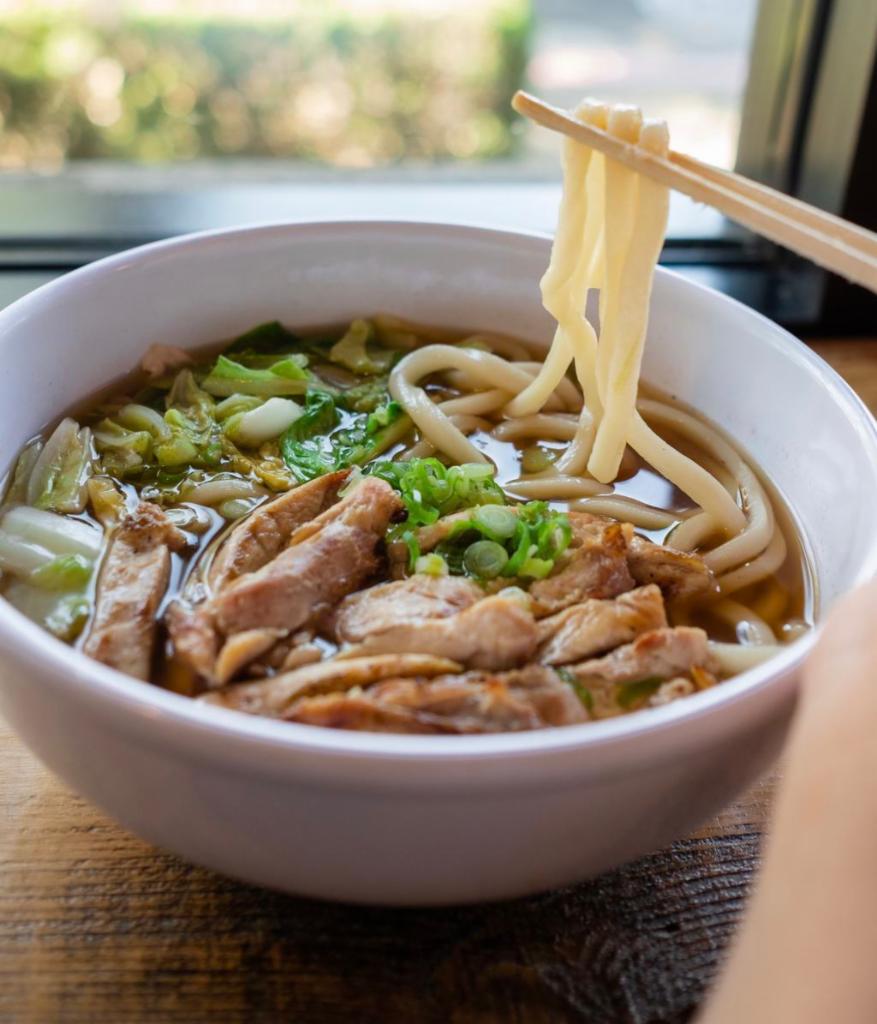 Chicken Udon Noodle Soup · Savory broth with thick wheat noodles and chicken.