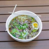 Beef Tri Tip Ramen Noodle Soup · Savory light broth with noodles.