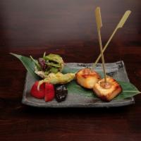 Seabass Skewers · 2 pieces. Broiled lightly marinated Chilean seabass in special miso sauce.