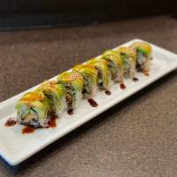 Caterpillar Roll · Fresh water eel and avocado and cucumber roll topped with avocado.