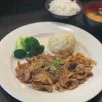 Pork Ginger Lunch · Sauteed thinly sliced pork, onion, mixed mushroom with ginger soy sauce.