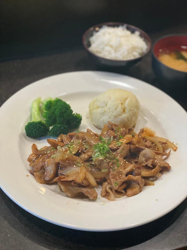 Pork Ginger Lunch · Sauteed thinly sliced pork, onion, mixed mushroom with ginger soy sauce.