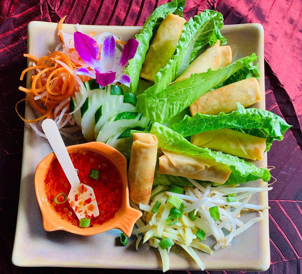 Vegetarian Spring Rolls · Long Rice, Cabbage & Carrots with Sweet Chili Sauce