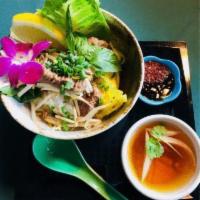 Thai Noodle Soup · Pho Noodle & Beef Broth with Bean Sprouts, Fresh Basil & Green Onions