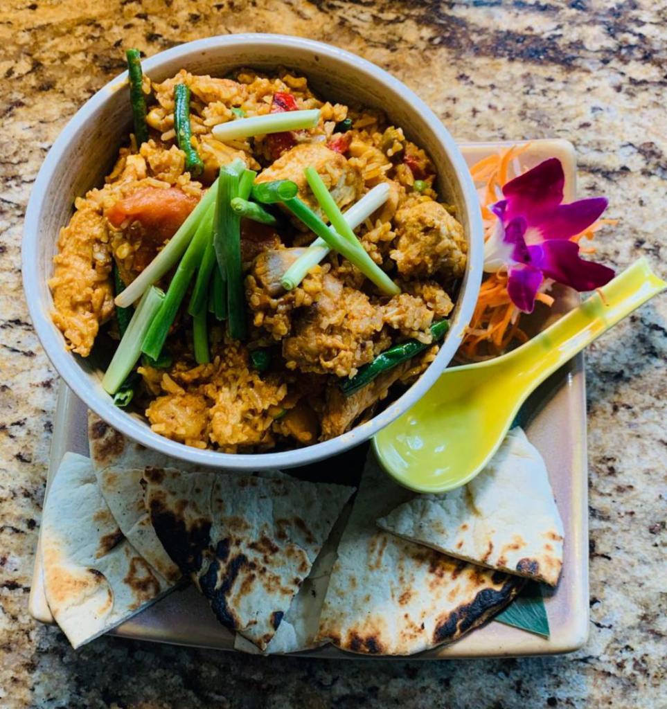Tikka Masala Vegetarian Pot · Fried Rice with Curry, Mixed Vegetables and served with Grilled Naan Bread