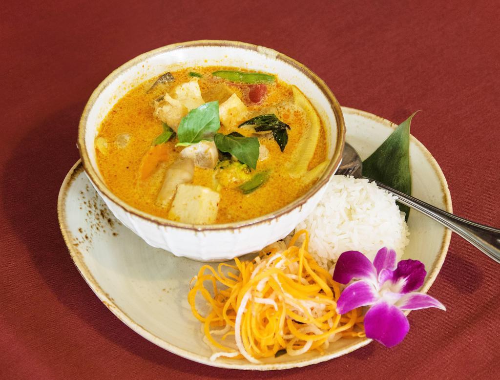 Thai Red Curry · Thai Red Curry, Coconut Milk, Eggplant & Basil