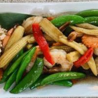 Sugar Snap Peas & Shrimp · Sautéed Shrimp with Snap Peas, Young Corn & Carrots in Oyster Sauce (rice not included)