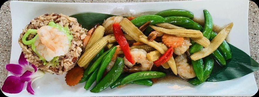 Sugar Snap Peas & Shrimp · Sautéed Shrimp with Snap Peas, Young Corn & Carrots in Oyster Sauce (rice not included)