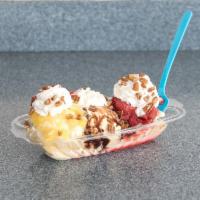 Banana Split Sundae · Chocolate syrup, strawberries, pineapple and toasted pecans. Add extra toppings for an addit...