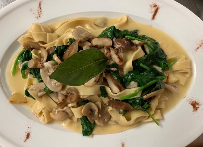 Fettuccine Funghi e Spinaci · Homemade fettuccine with wild mushrooms, spinach, garlic and extra virgin olive oil.