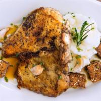 Brick Chicken Special · Skillet-seared, herb marinated chicken, mashed potatoes, blistered tomatoes, savory jus. Glu...