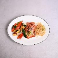 Grilled Salmon · Fresh salmon filet served with Maria's vegetables and lemon butter spaghetti