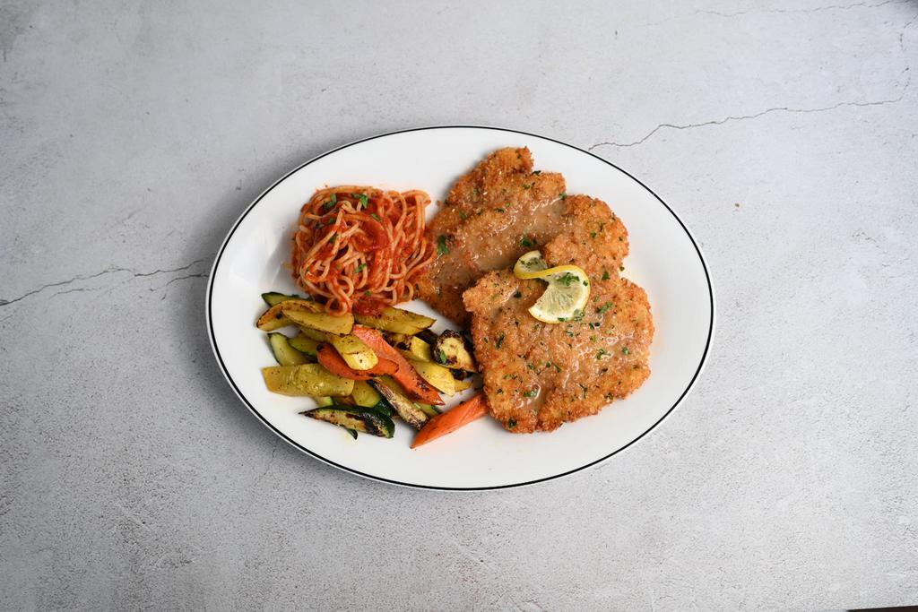 Sesame Chicken · Sesame coated breast, quick fried and topped with a dollop of lemon parsley butter, served with spaghetti marinara and seasonal vegetables.