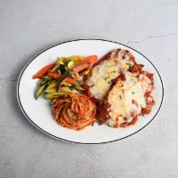 Chicken Parmigiana · Crispy chicken breast, topped with marinara, Parmesan and mozzarella, served with spaghetti ...