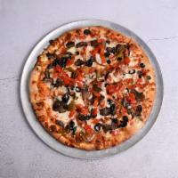 Vegetarian Pizza · Mushrooms, onions, bell peppers, olives and tomatoes with mozzarella.