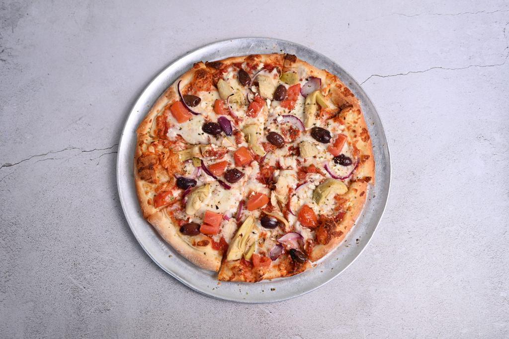 Mediterranean Pizza · Artichoke hearts, red onions, Kalamata olives, tomatoes, feta and oregano.