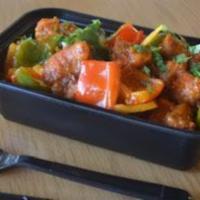 24 oz. Chilli Chicken · Chicken cooked in chili garlic sauce tossed with onion and peppers 