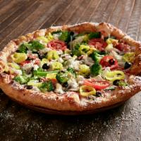Veg Out Pie · Mellow red sauce with mozzarella, spinach, green peppers, mushrooms, onions, black olives an...